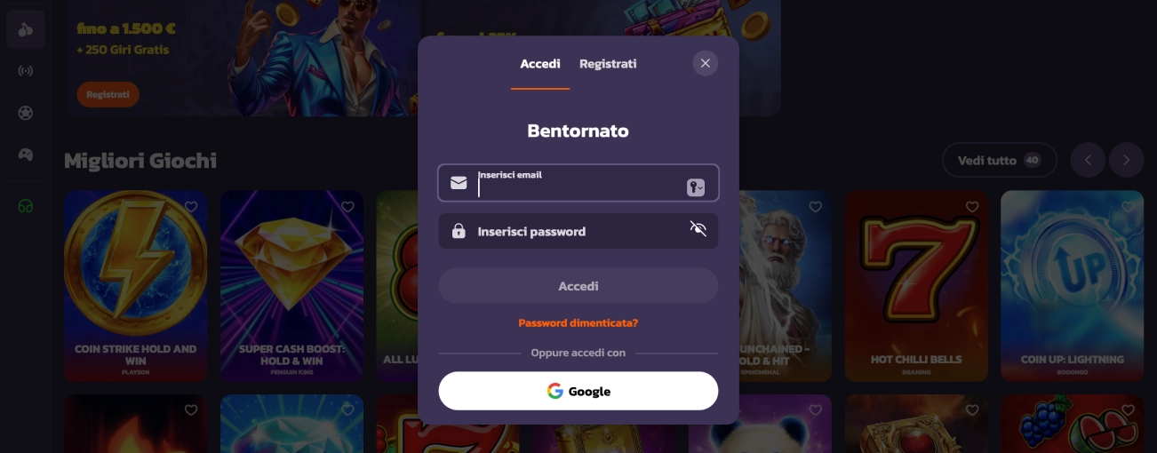 Modulo di accesso con logo Coolzino per giocatori registrati