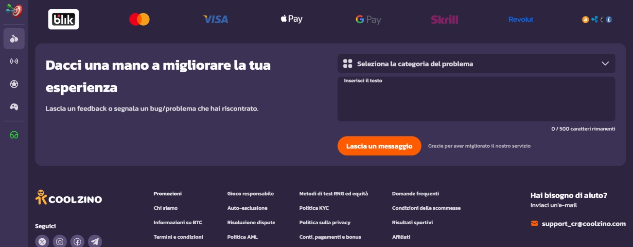 Logo Coolzino e metodi di pagamento accettati come Visa, Mastercard, Skrill