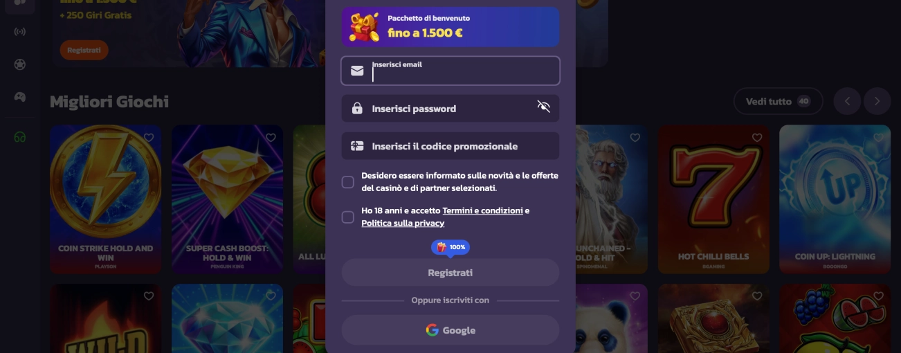 Modulo di registrazione nuovo utente con logo Coolzino e bonus di benvenuto